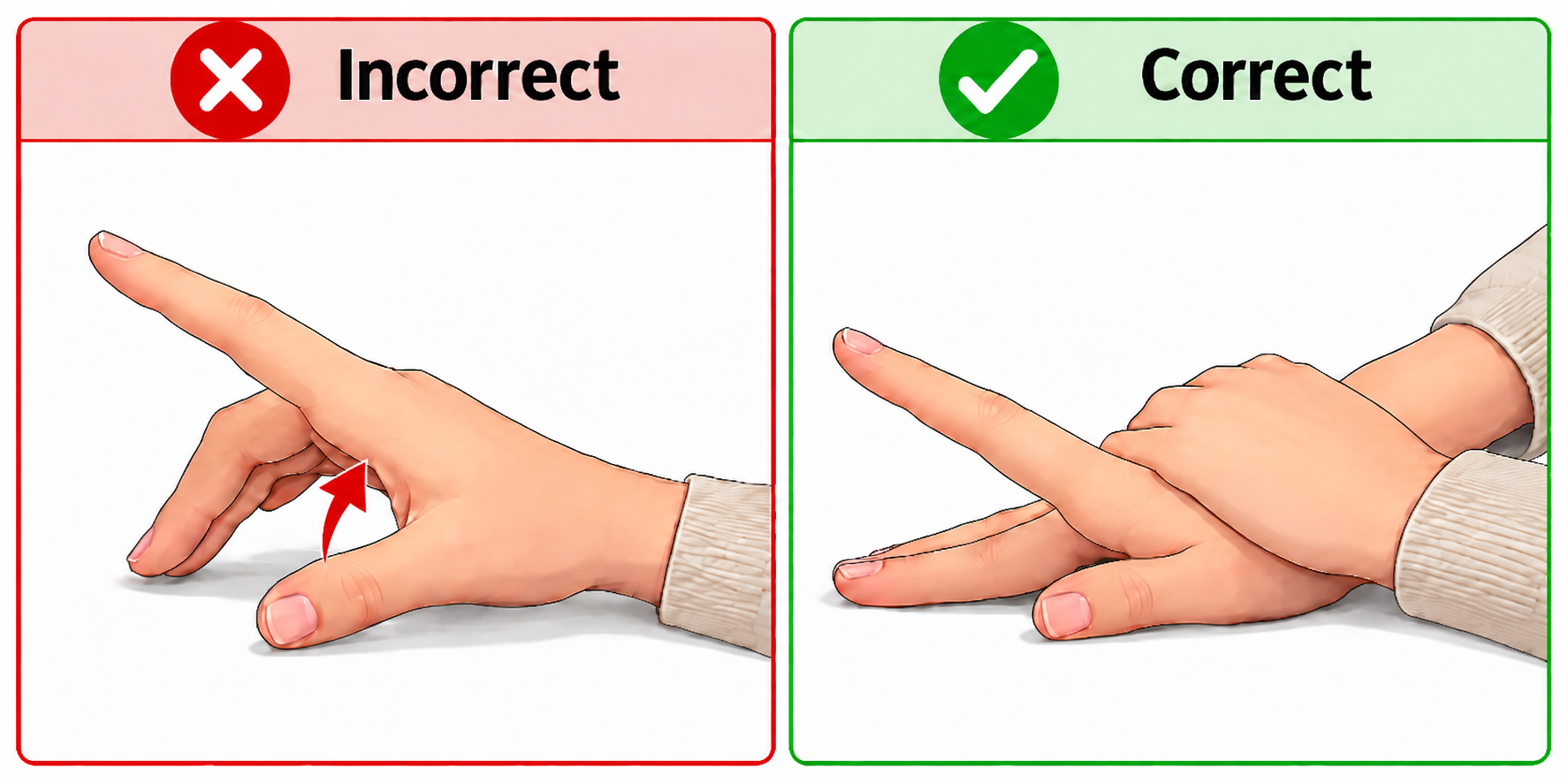 Incorrect: the hand lifts with the finger. Correct: the other hand holds the hand flat so only the measured finger lifts.