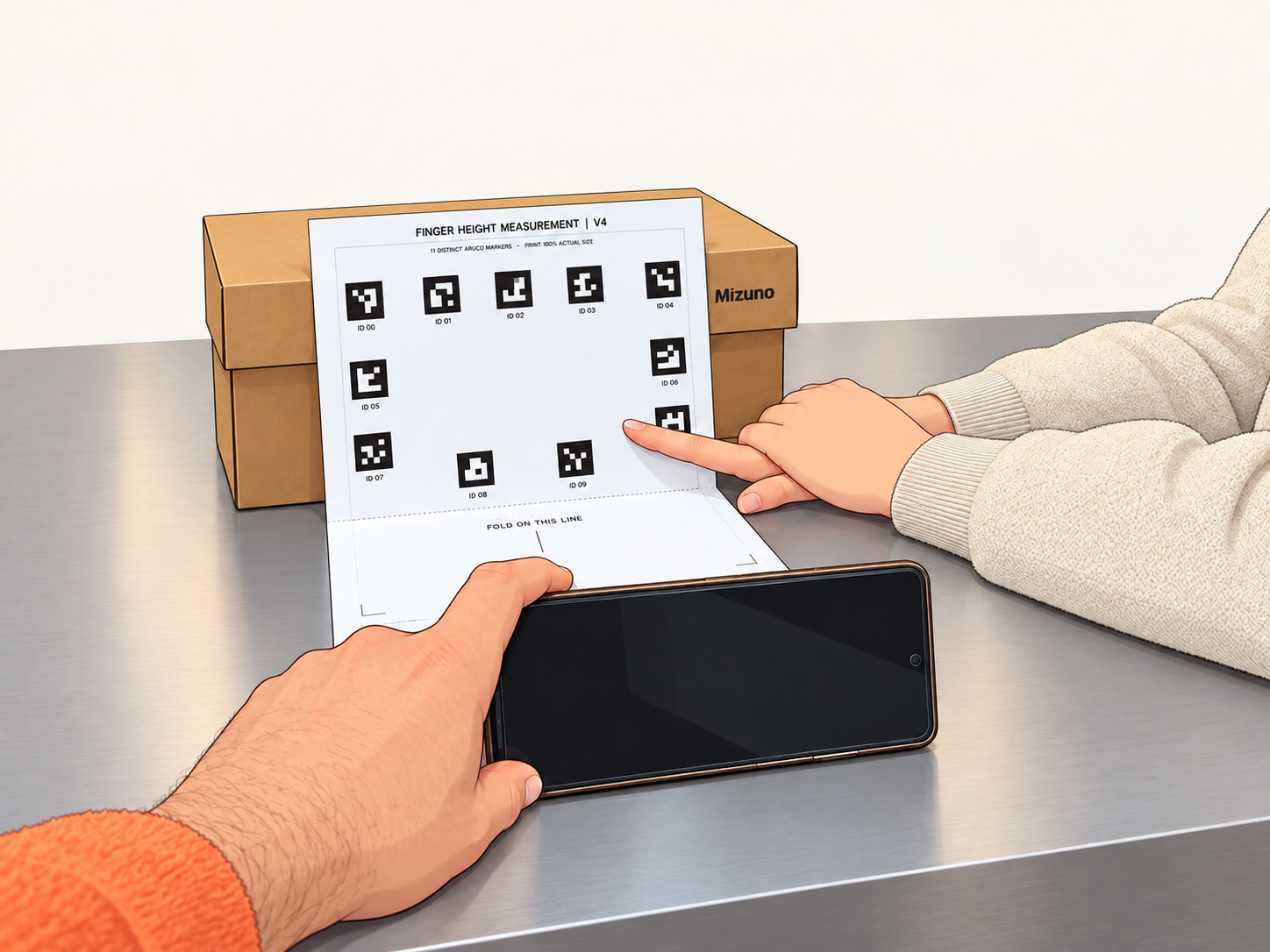 Finger height setup: folded measurement sheet against a box and phone placed on its long edge