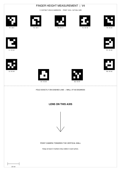 Preview of the V4 finger height measurement sheet, showing eleven markers and the fold line